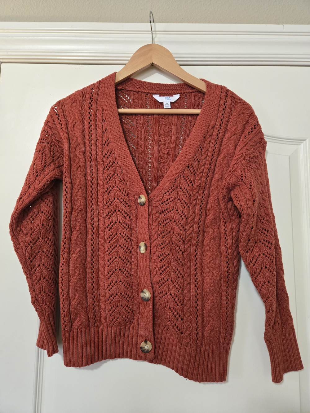 Time and Tru Rust Orange Cable Knit Button-Front Cardigan